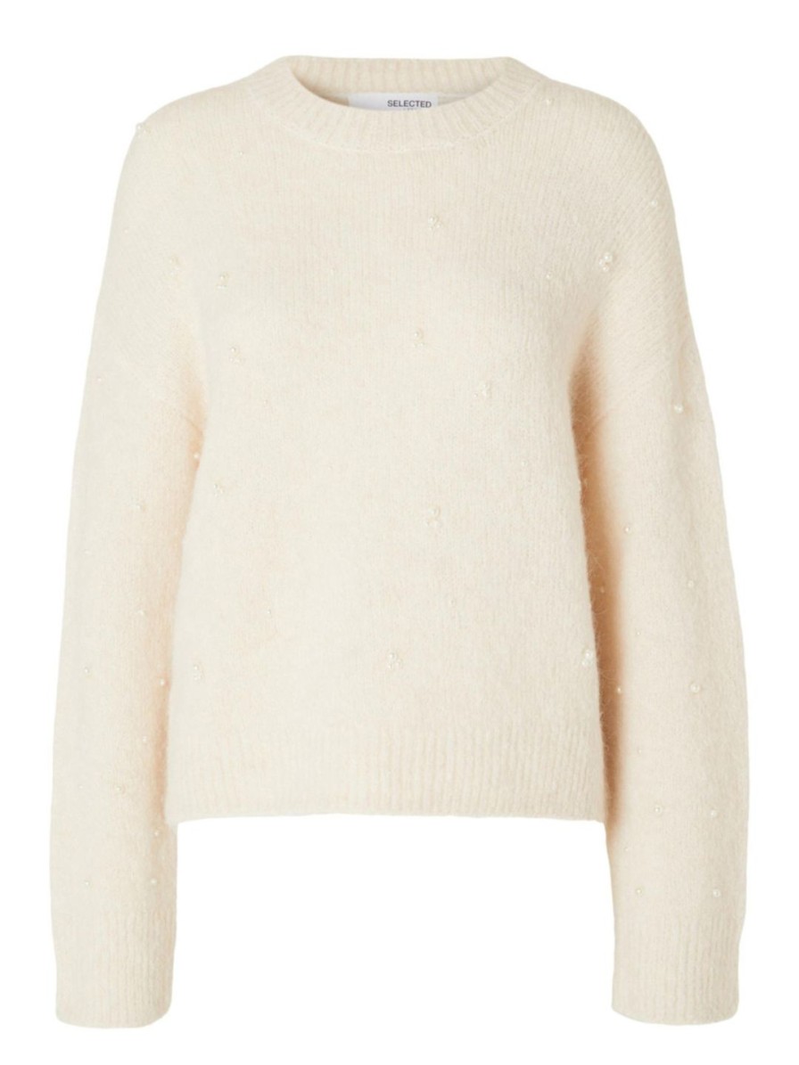 Naiset Selected Femme Neulepuserot | Slfgabella Ls Pearl -Neulepusero Luonnonvalkoinen